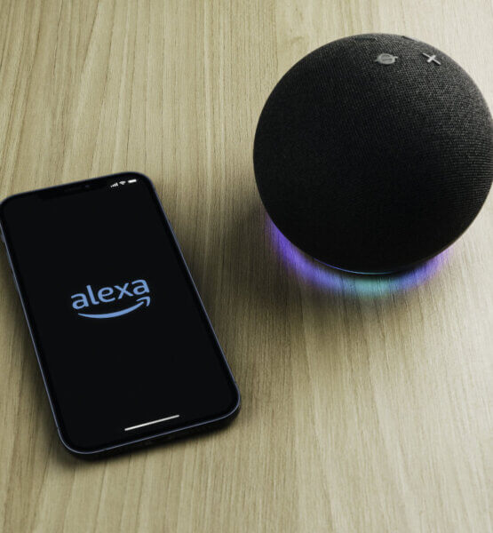 Ein smarter Lautsprecher Amazon Echo und ein Smartphone mit geöffneter Alexa-App.