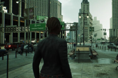 Der Spielercharakter aus Matrix Awakens befindet sich im Zentrum einer Stadt, die stark an den New York Time Square erinnert.