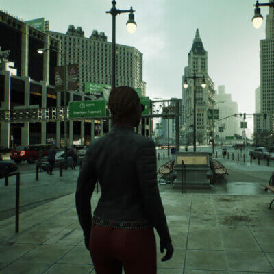 Der Spielercharakter aus Matrix Awakens befindet sich im Zentrum einer Stadt, die stark an den New York Time Square erinnert.