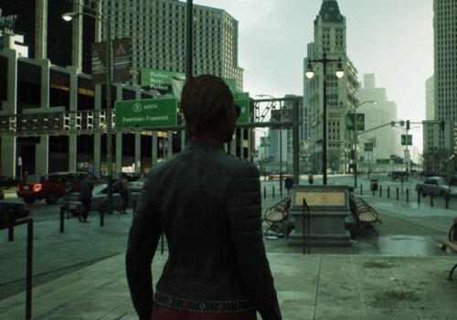 Der Spielercharakter aus Matrix Awakens befindet sich im Zentrum einer Stadt, die stark an den New York Time Square erinnert.