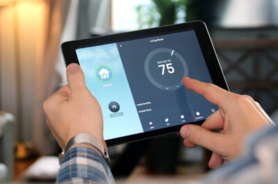 Beitragsbild: Mann passt eine Temperatur mit einem Tablet mit Smart-Home-App im modernen Wohnzimmer an.