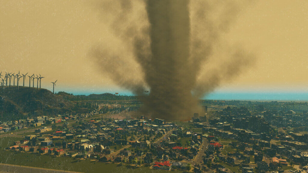 Ein Tornado zerstört in Cities Skylines einen dünn besiedelten Stadtteil.