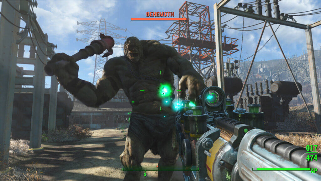 Ein Kampf in Fallout 4 mit Energiewaffen gegen einen Behemoth, einem trollartigen Mutanten.