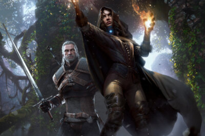 Ein Artwork des Spiels The Witcher 3, bei dem Geralt mit Schwert und Yennefer mit ihrer Feuermagie in den Kampf ziehen.