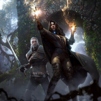 Ein Artwork des Spiels The Witcher 3, bei dem Geralt mit Schwert und Yennefer mit ihrer Feuermagie in den Kampf ziehen.