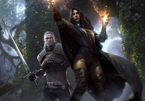 Ein Artwork des Spiels The Witcher 3, bei dem Geralt mit Schwert und Yennefer mit ihrer Feuermagie in den Kampf ziehen.
