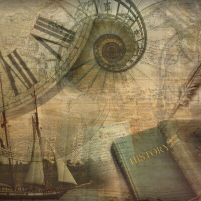 Coverbild History YouTube: Kollage von geschichtlichen Elementen. Schiff, Buch, antike Uhr.