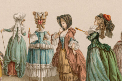Zeichnung von vier französischen Damen aus dem 18. Jahrhundert
