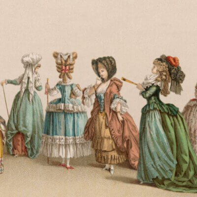 Zeichnung von vier französischen Damen aus dem 18. Jahrhundert