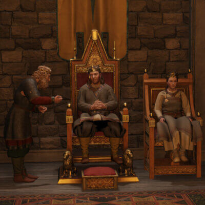 König und Königin auf dem Thron, umsäumt von ihren Höflingen.