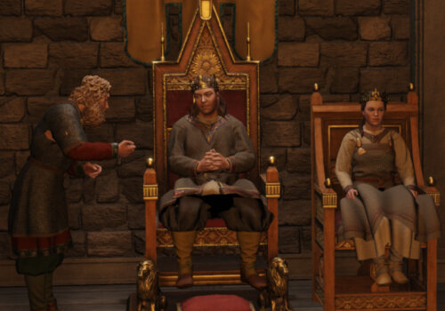 König und Königin auf dem Thron, umsäumt von ihren Höflingen.