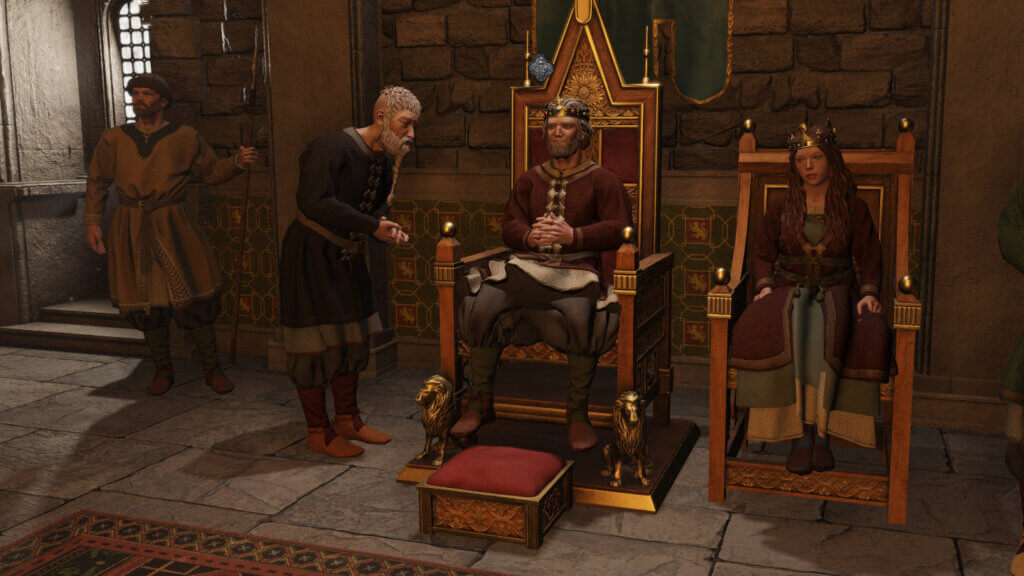 König Alfred sitzt auf seinem Thron. Bei ihm sind seine Königin und ein Berater, der sich mit ihm unterhält.