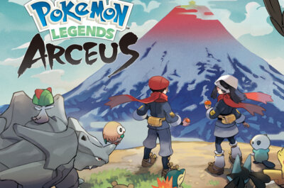 Coverart von Pokémon-Legenden: Arceus, dass die beiden Hauptcharaktere und einige Pokémon zeigt. im Hintergrund ragt ein großer Vulkan auf.