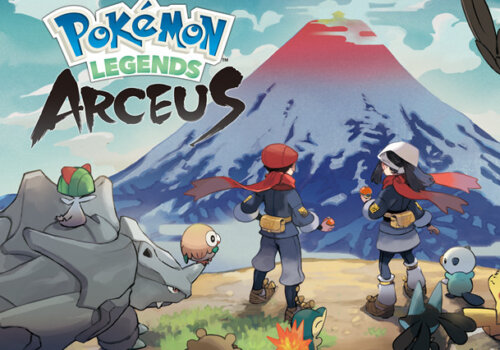 Coverart von Pokémon-Legenden: Arceus, dass die beiden Hauptcharaktere und einige Pokémon zeigt. im Hintergrund ragt ein großer Vulkan auf.
