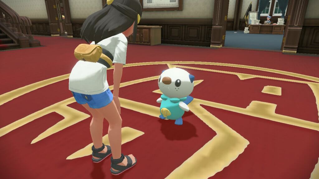 Der Spielercharakter begrüßt sein erstes Pokémon Ottaro