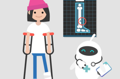 Ein medizinischer Roboter mit fröhlichem Gesicht und einem Klemmbrett, der eine Patienten den Röntgenbefund zeigt.