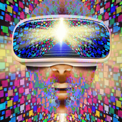 Sinnbild Zukunft, bunte kacheln in Hyperraum, großer kopf mit VR Brille auf, der auf die bunten kacheln zurast