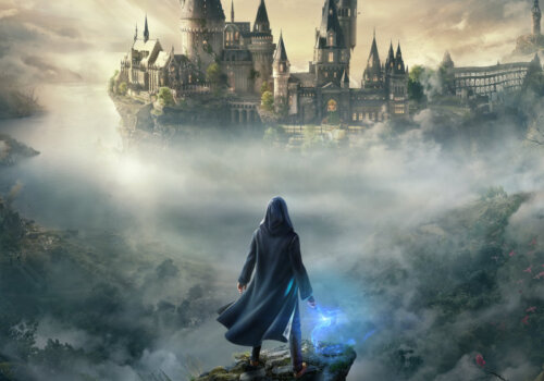 Hauptcharakter steht mit leuchtendem Zauberstab auf einer Klippe. Hinter ihm erhebt sich im Nebel das Schloss Hogwarts.