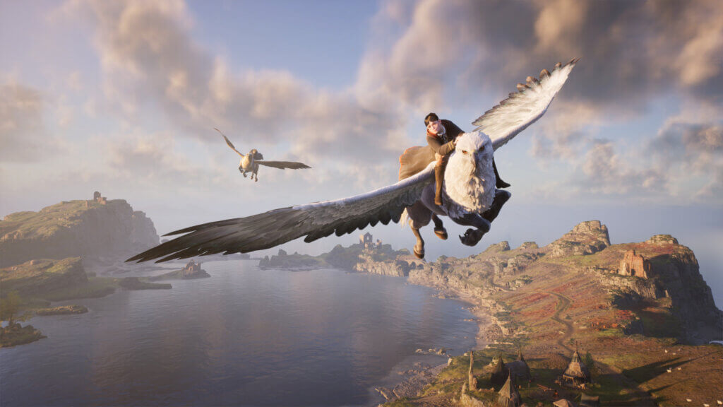 Der Hauptcharakter fliegt in Hogwarts Legacyauf einem Hippogreif - halb Pferd, halb Adler - über weite Landschaften.