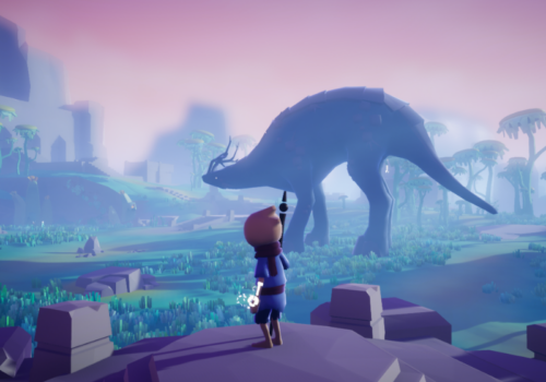 Titelbild zu Omno im Test - Hauptcharakter steht vor einem großen Tier und schaut in die Ferne