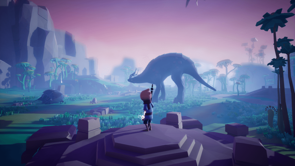 Screenshot aus Omno - Protagonist vor einer Landschaft mit einem Monster