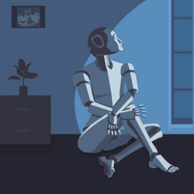 Roboter sitzt bei Nacht in einer dunklen Wohnung und schaut nachdenklich aus dem Fenster.