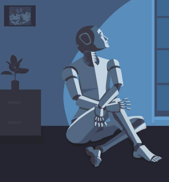 Roboter sitzt bei Nacht in einer dunklen Wohnung und schaut nachdenklich aus dem Fenster.