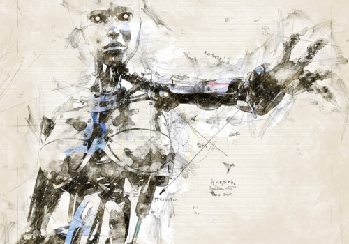 Skizzierung eines Cyborgs, auf leicht vergilbtem Papier. Der Cyborg streckt die Hand nach etwas aus.