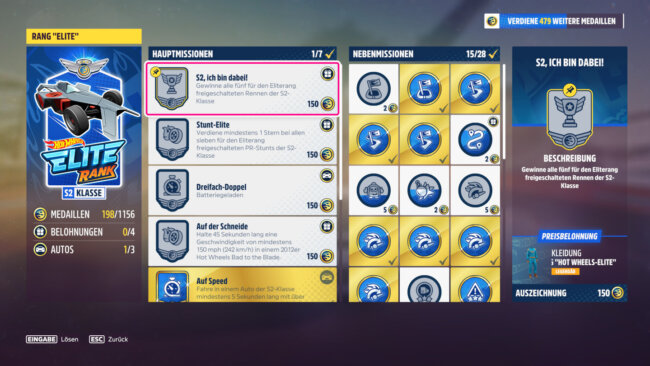 Die Ziele in Forza Horizon 5: Hot Wheels für den Elite Rank, aufgeteilt in Haupt- und Nebenmissionen, die mit Medaillen belohnt werden.