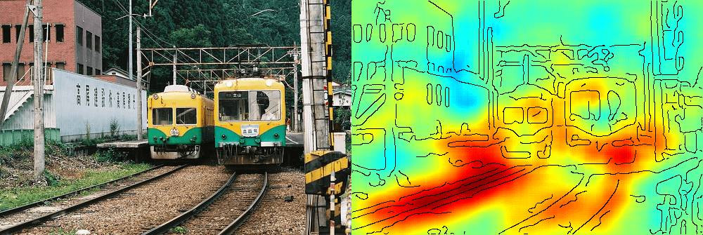 Das Foto einer Eisenbahnstrecke mit zwei Zügen und einer dazugehörigen Heatmap, welche die Relevanz der Bildstellen für eine KI-Erkennung zeigt. Statt der Züge, liegt der Fokus auf den Schienen.