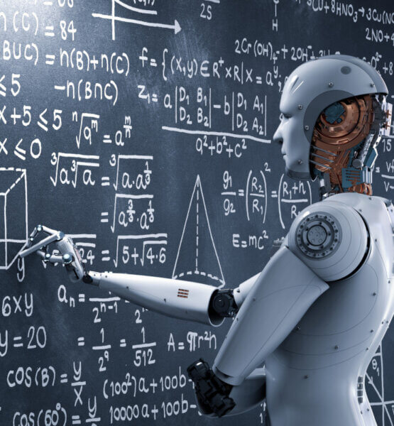 Ein Roboter steht nachdenkend an einer Tafel und ergänzt eine Formel mit einer zugehörigen Visualisierungen.