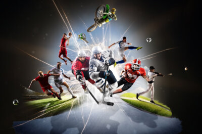Beitragsbild Die besten Sportspiele 2022: Multi-Sport-Collage vom Fußball-Basketball-Hockey-Fußball-Baseball-Dirt-Bike
