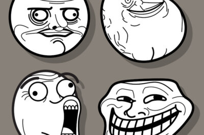 Trollfaces, klassisches Meme aus 2012. Hintergrund Grau .