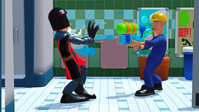 Ein Ritter wird in der Uni-Toilette von einem Hausmeister mit einer Wasserpistole gestellt.