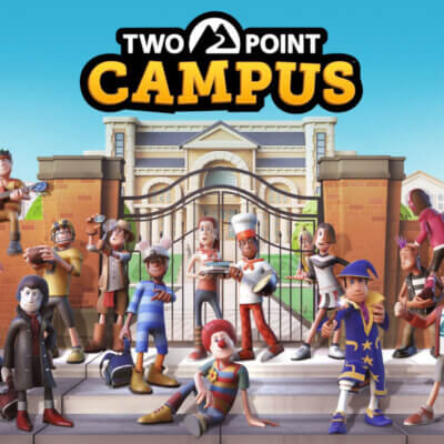 Offizielles Two Point Campus Artwork. Mehrere Studenten posieren vor dem Tor zur Universtität. Darunter ein Clown, ein Magier, ein Sportler und ein Koch.