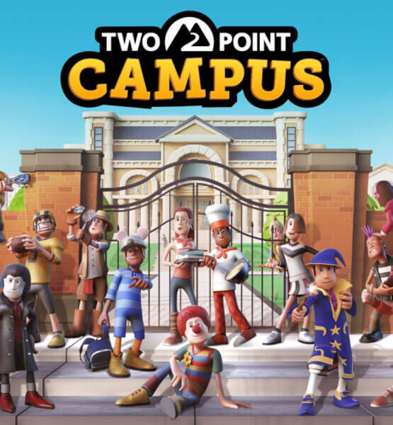 Offizielles Two Point Campus Artwork. Mehrere Studenten posieren vor dem Tor zur Universtität. Darunter ein Clown, ein Magier, ein Sportler und ein Koch.