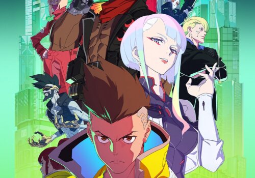 Die wichtigsten Charaktere der Serie Cyberpunk: Edgerunners auf einem offizielles Poster.