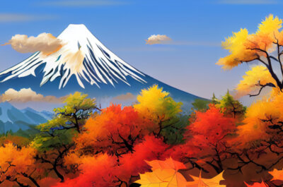 Beitragsbild die besten Anime im Herbst 2022. Berg Fuji im Herbst gezeichnet im Anime Stil