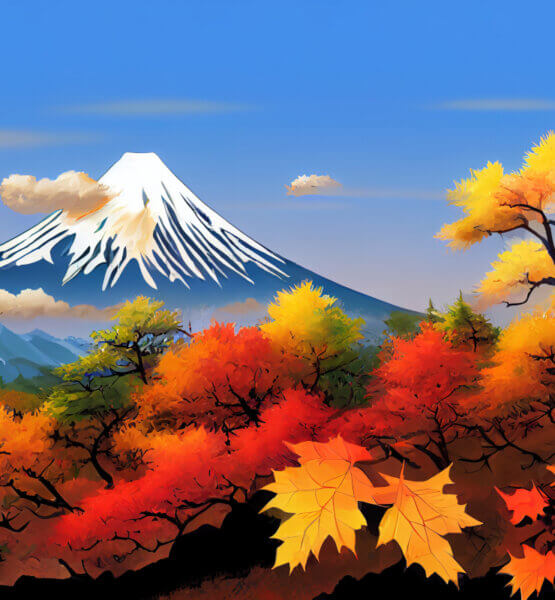 Beitragsbild die besten Anime im Herbst 2022. Berg Fuji im Herbst gezeichnet im Anime Stil