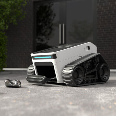 Ein Roboter fährt über einen Gehweg und sammelt über eine Luke herumliegenden Müll auf.
