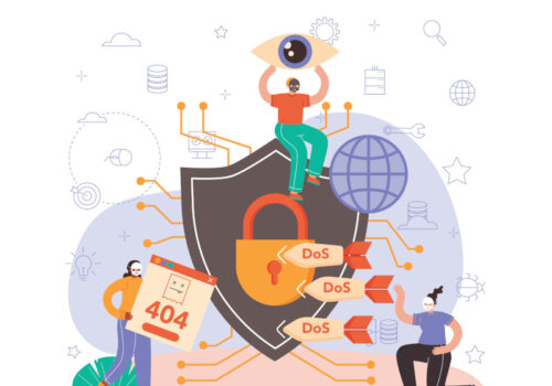 Illustration von mehreren Personen, die ein System angreifen, aber an dessen Schutzschild gestoppt werden.