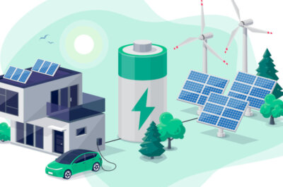 Ein grünes Energienetzwerk mit einem Haus mit Solar-Panels und einem Elektroauto, sowie erneuerbare Energien auf der anderen Seite. Dazwischen ist eine grüne Batterie.