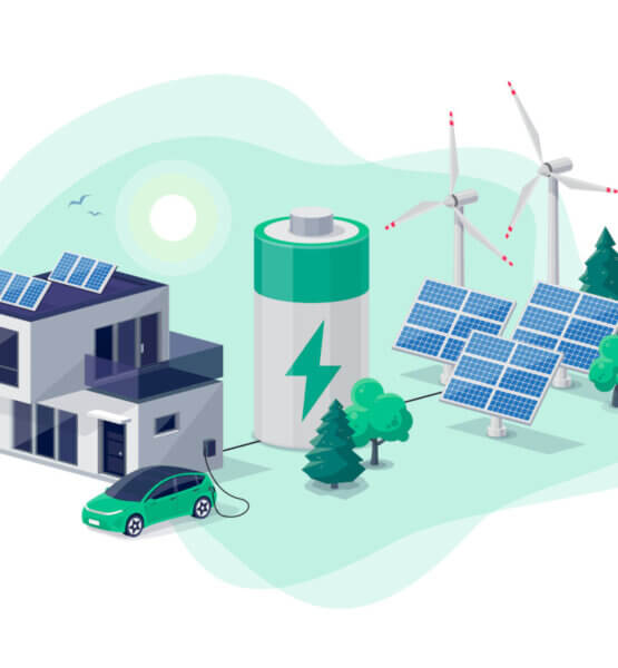Ein grünes Energienetzwerk mit einem Haus mit Solar-Panels und einem Elektroauto, sowie erneuerbare Energien auf der anderen Seite. Dazwischen ist eine grüne Batterie.