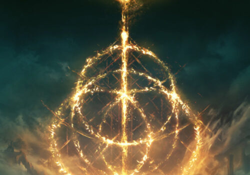 Flammen bilden ein Muster am dunklen Himmel auf dem Elden Ring-Coverart.