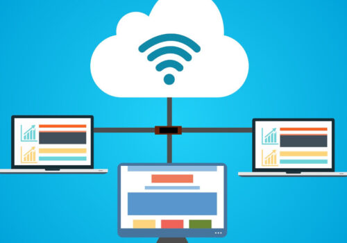 Illustration von mehreren Rechnern, die per Wifi mit einer Cloud verbunden sind.
