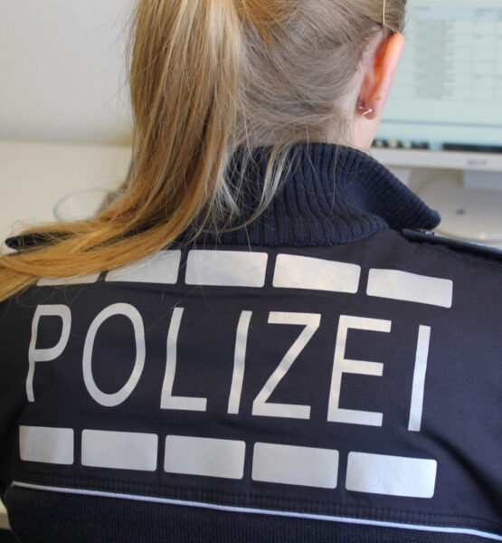 Eine Polizistin sitzt im Büro am Computer.