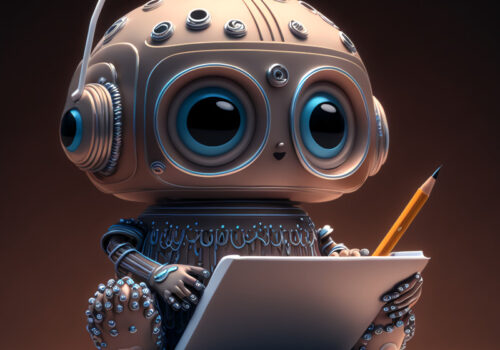 Ein süßer kleiner Roboter mit großen Augen sitzt mit Stift und Pad auf einem großen Notizblock.