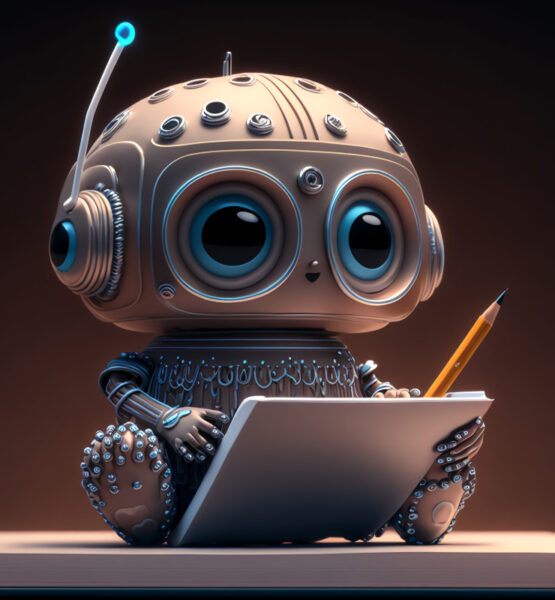 Ein süßer kleiner Roboter mit großen Augen sitzt mit Stift und Pad auf einem großen Notizblock.