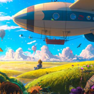 Ein Zeppelin fliegt durch eine malerische Kulisse grüner Wiesen mit Heißluftballons im Hintergrund und einer Person, die gemütlich auf einem Hügel sitzt und in die Natur schaut.
