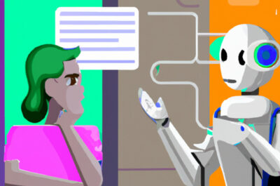 Ein Mensch und ein Roboter diskutieren miteinander.